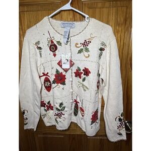 NWT 2004 Tiara Ornament Poinsettia Women's Christmas Cardigan Sweater Med